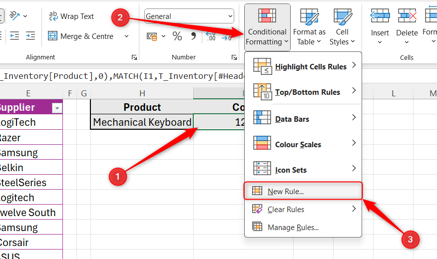 単純な数値 (通貨である必要があります) を含むセルが選択され、「条件付き書式設定の新しいルール」が強調表示されます。