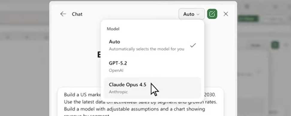 Excel デスクトップ アプリのエージェント モードのモデル セレクター。