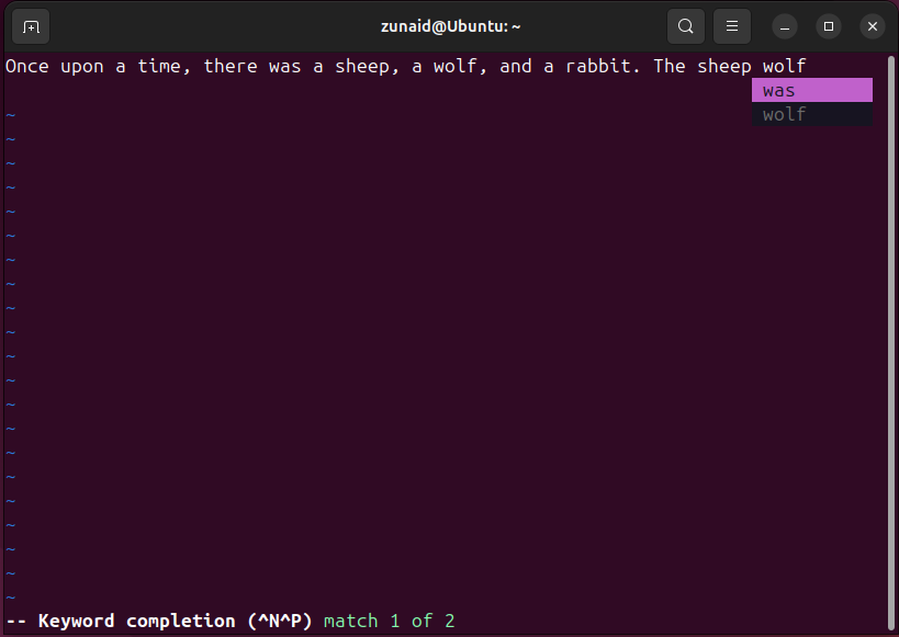 Vim の単語補完機能の例。