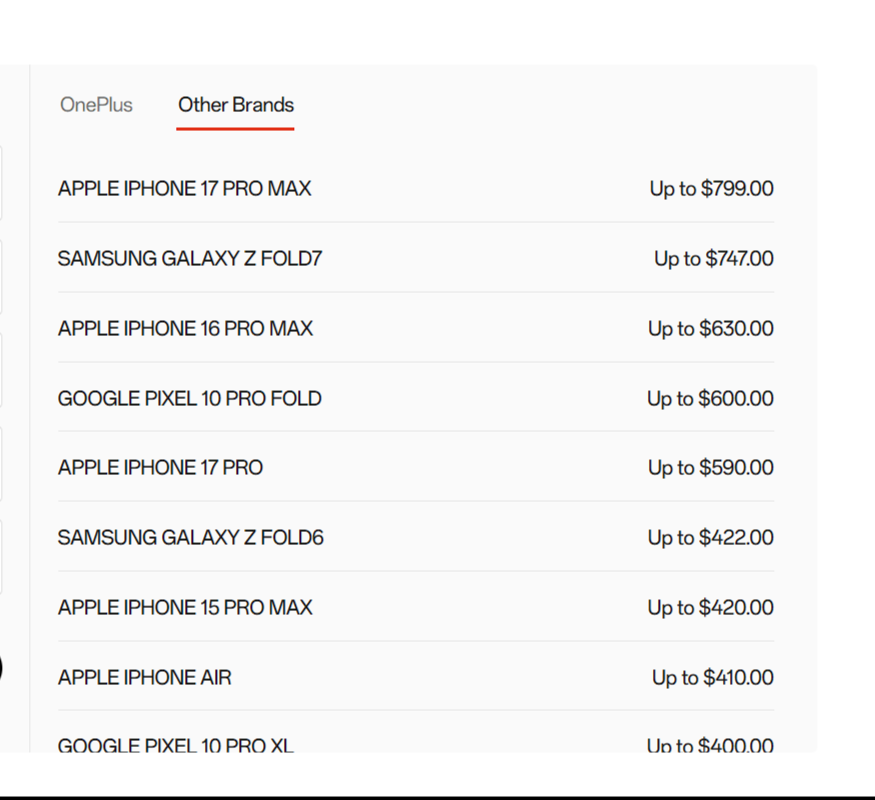 OnePlus が携帯電話の下取り価格を提示する金額のリスト。