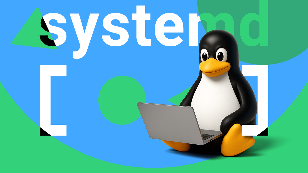 systemd のロゴと、前にラップトップを使用している Linux マスコット。