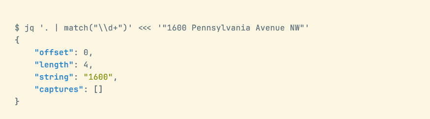 jq 一致フィルターは、オフセット、長さ、文字列などのプロパティを持つオブジェクトを返します。
