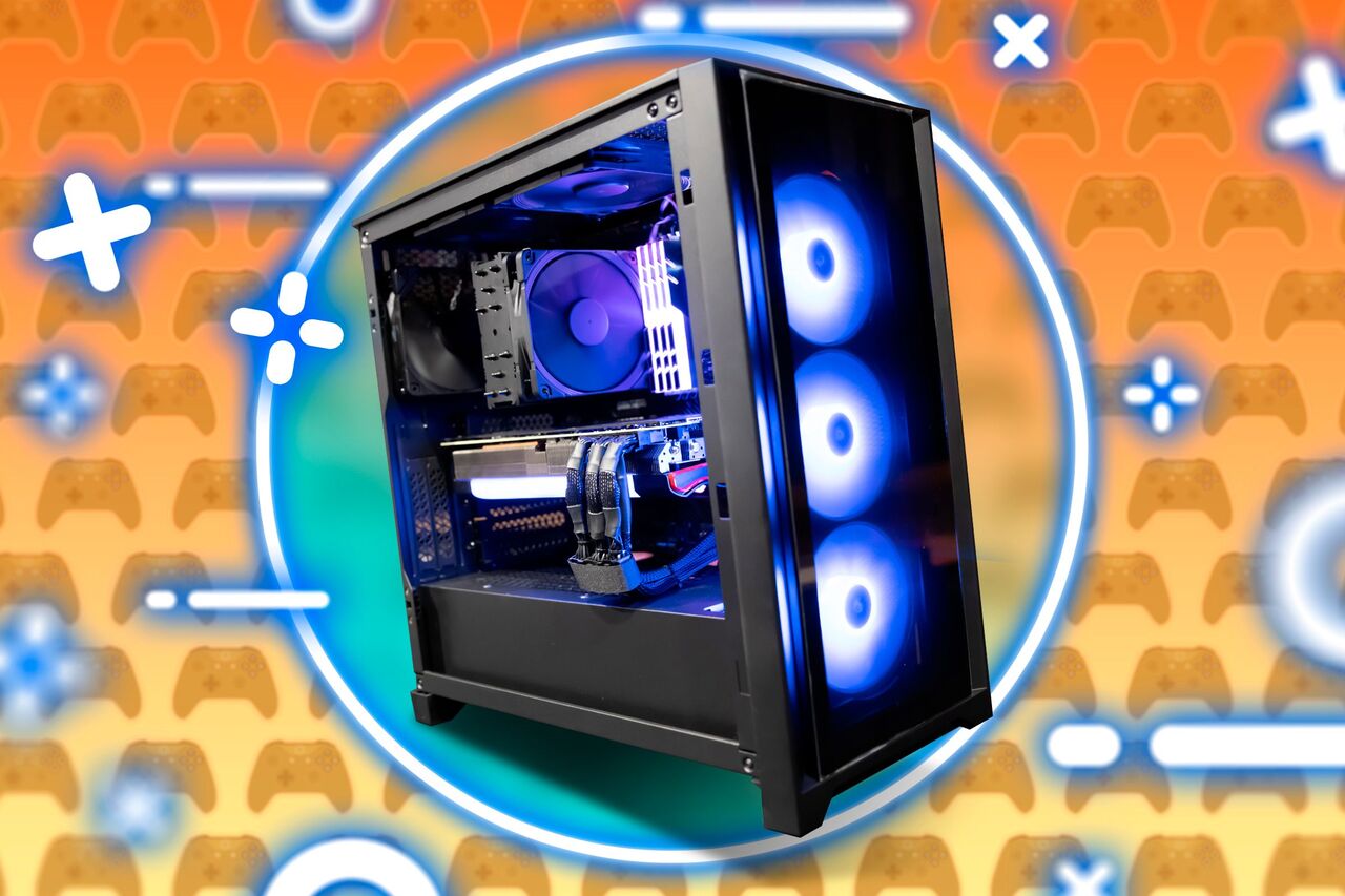 グラデーションの背景にいくつかのぼやけたコントローラー アイコンがあるゲーミング PC。