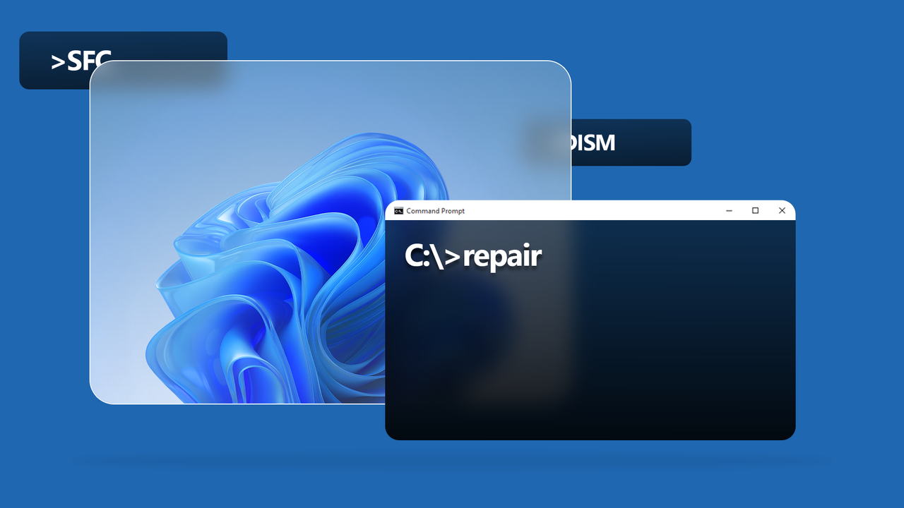 青色の背景に SFC および DISM ラベルが付いた修復コマンド ラインを表示する Windows コマンド プロンプト。