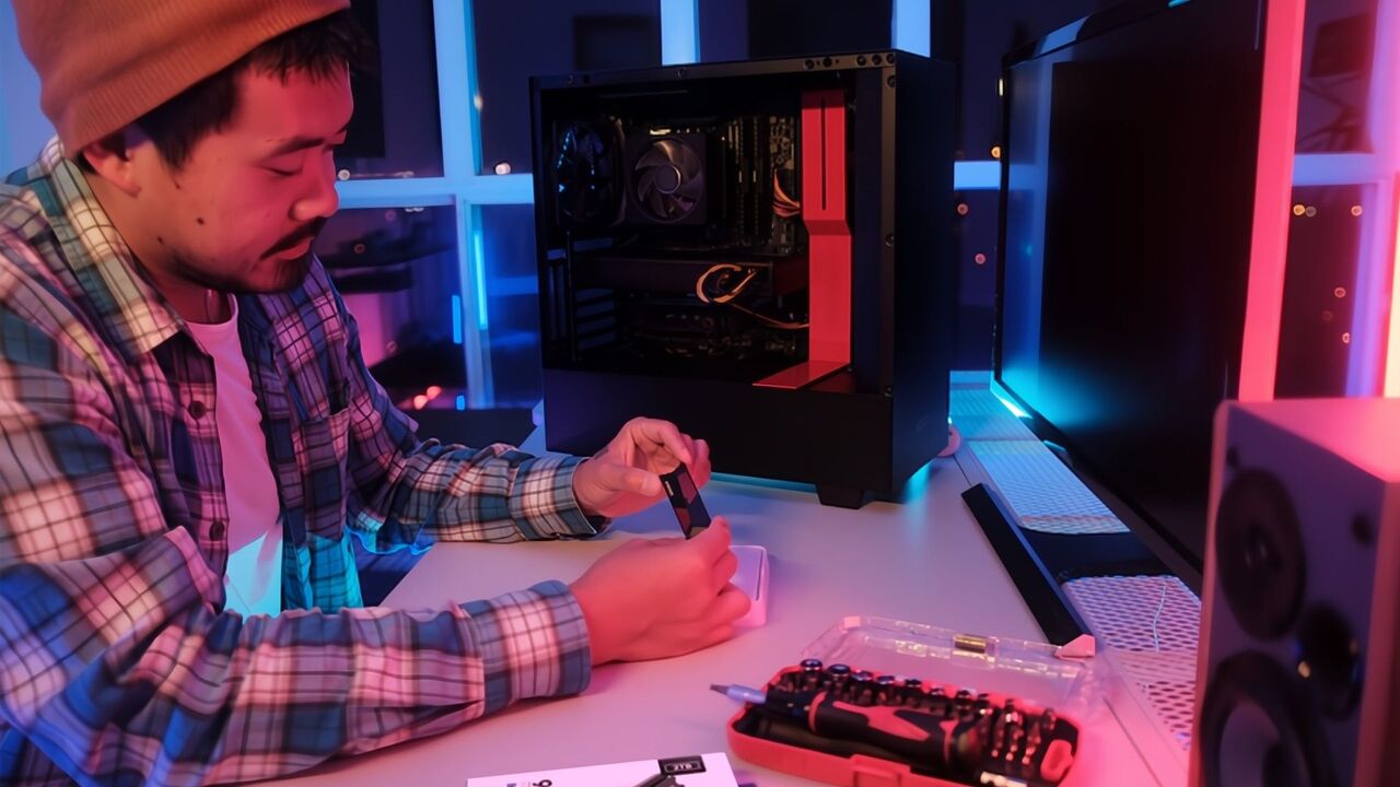 男性が PC デスクの上でヒートシンク PCIe を備えた 990 PRO を見ています。