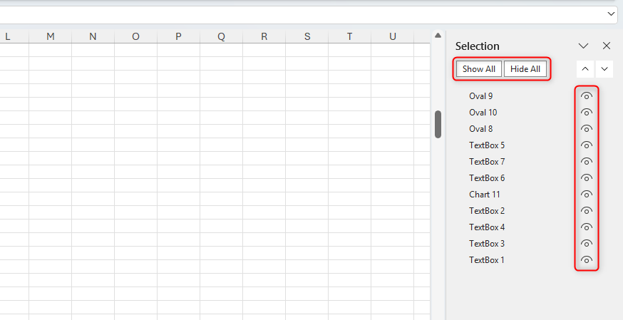 Microsoft Excel の選択ウィンドウ。目のアイコン、すべて表示、すべて非表示が強調表示されています。