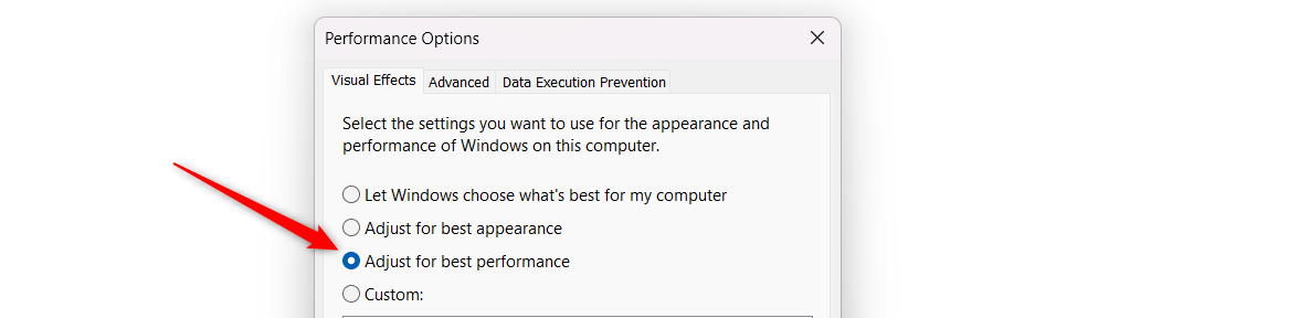 Windows のパフォーマンス オプション ウィンドウで視覚効果を調整して最高のパフォーマンスを実現します。