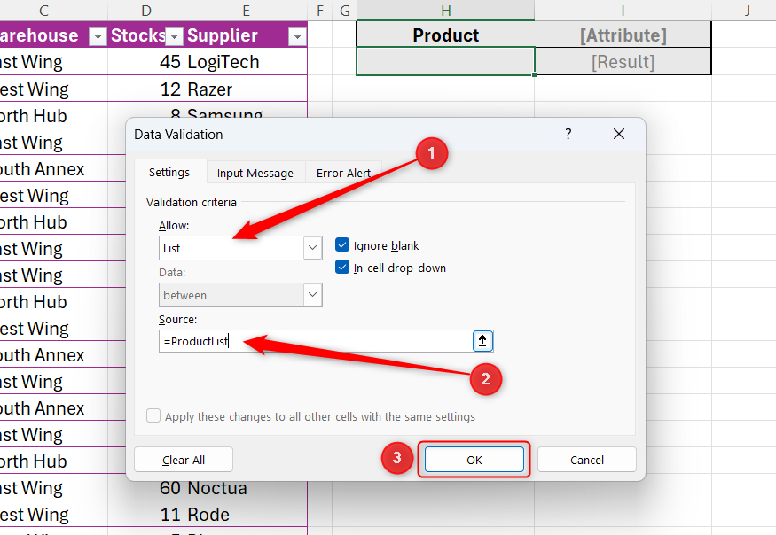 Excel のデータ検証ダイアログ ボックスの[許可]フィールドでリストが選択されており、ソースとして =ProductList が入力されています。