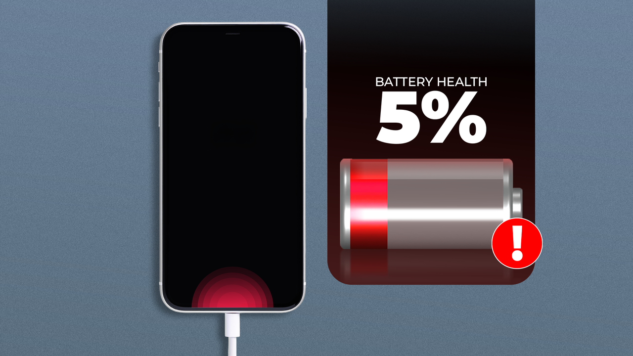 充電器に接続されたスマートフォンに、赤色のバッテリー低下アイコンが付いた 5% のバッテリー状態警告が表示されます。