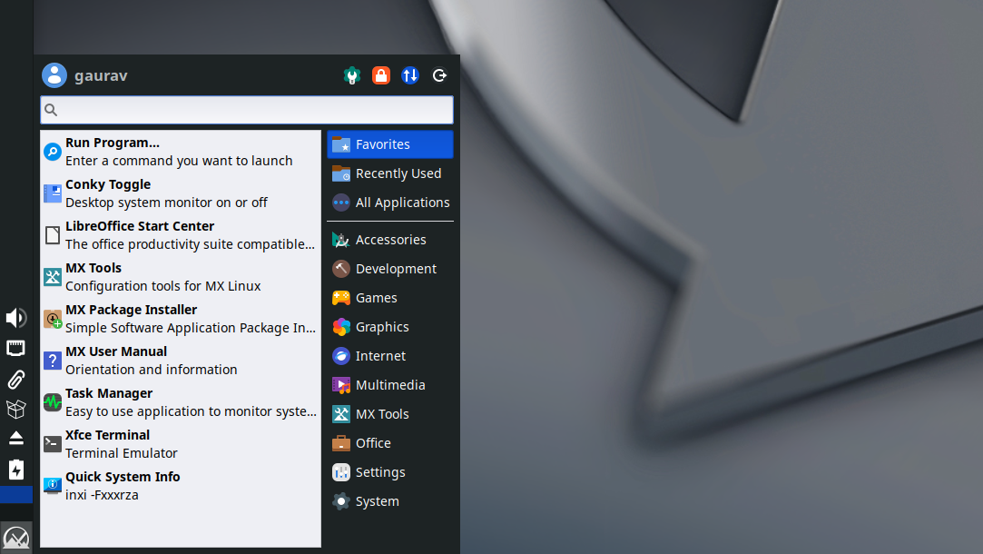MX Linux メニューを示すスクリーンショット。