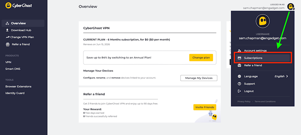 오른쪽 상단의 로고를 클릭한 다음 구독을 클릭하여 자동 갱신을 관리하세요.