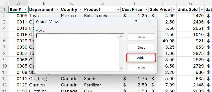 Excel の[カスタム ビュー]ダイアログ ボックスの[追加]ボタン。