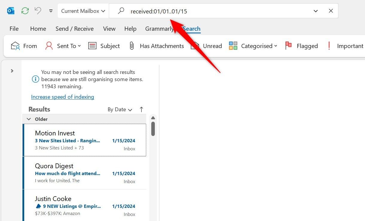 Outlook で 1 月前半のメールを検索します。