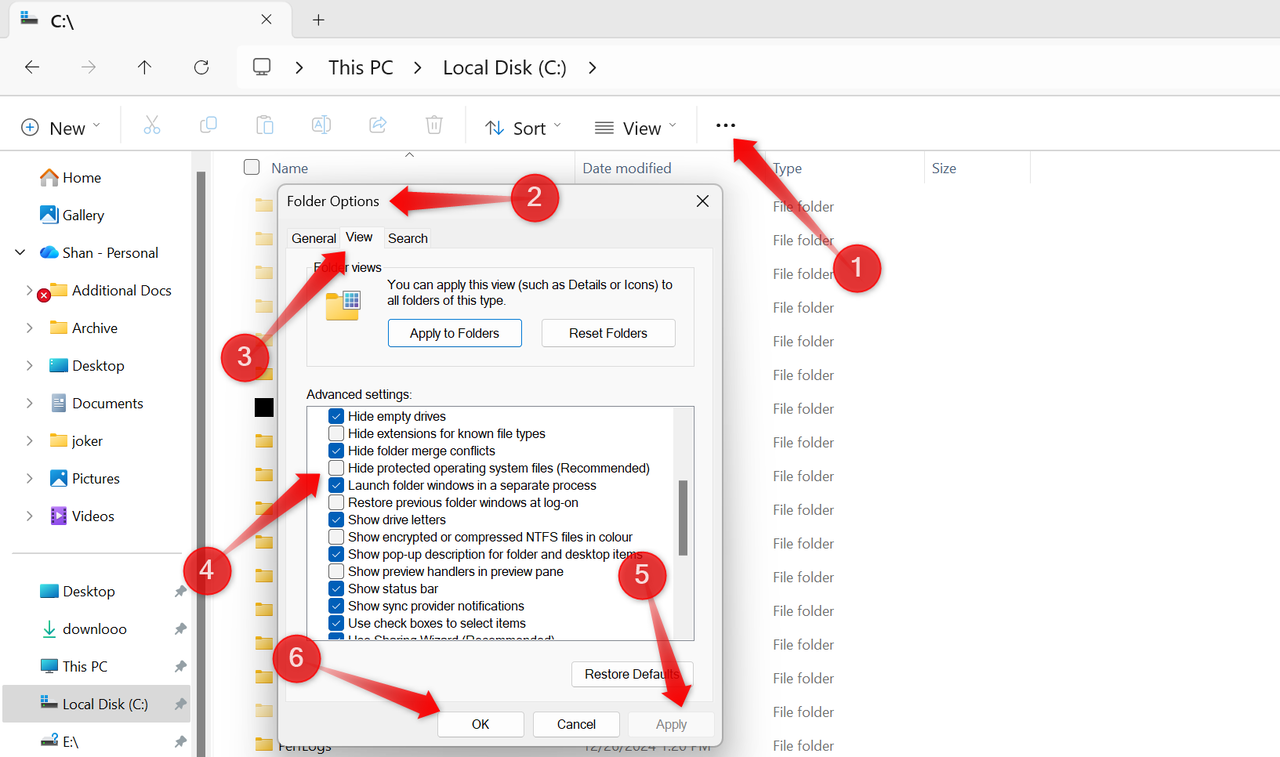 [フォルダー オプション]ウィンドウから保護されたシステム ファイルを再表示します。