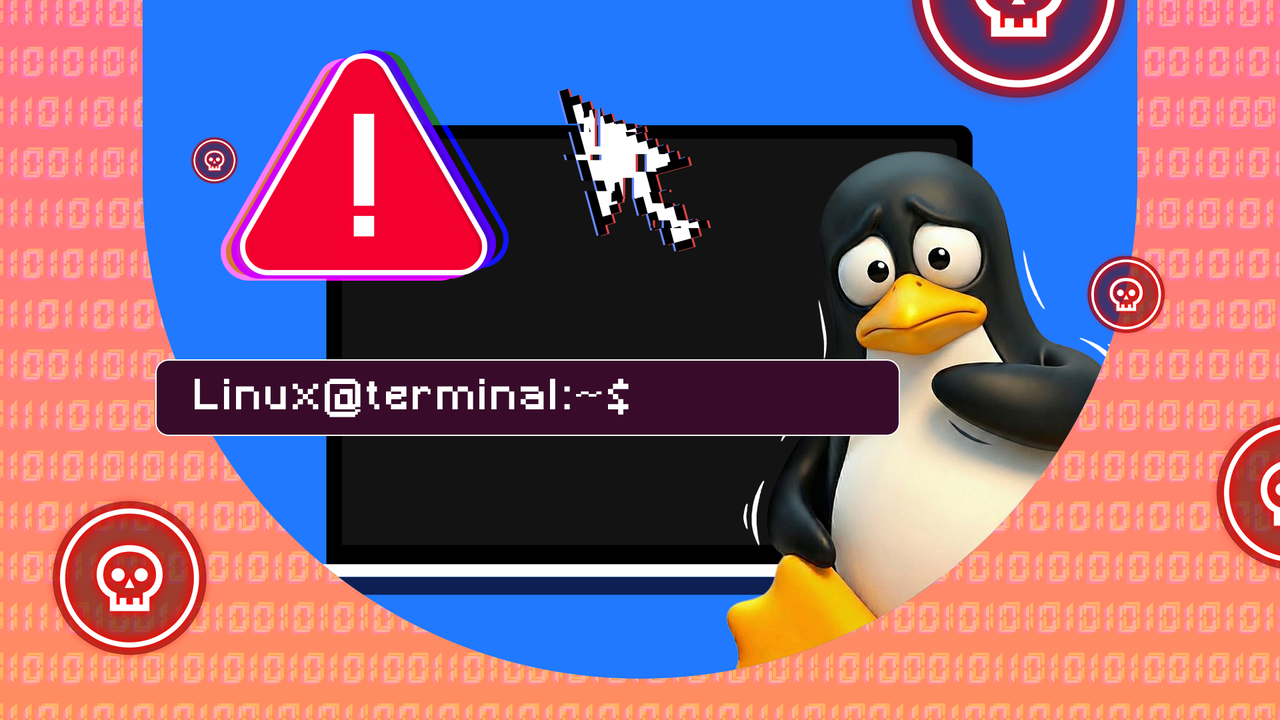 ターミナル ウィンドウの横で心配そうにしている Linux Tux マスコットのイラスト。警告アイコンとドクロのシンボルが付いています。