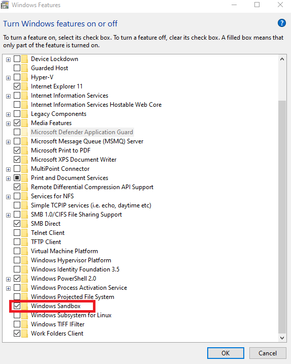 [Windows の機能のオンまたはオフ]メニューを開いた Windows 10 設定のスクリーンショット。 Windows サンドボックスは赤色で強調表示されます。