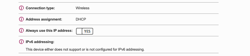 「常にこの IP アドレスを使用する」設定が有効になっているルーター構成フォーム。