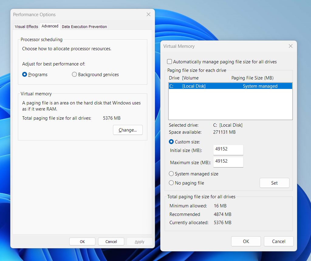 Windows 11 でのカスタム ページング ファイル サイズの設定。