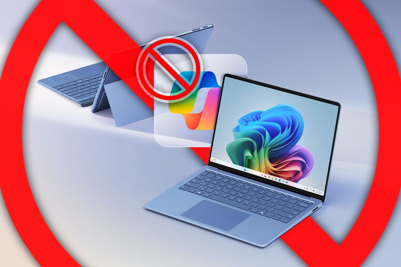 Copilot+ と Copilot ロゴに十字が付いたラップトップ。