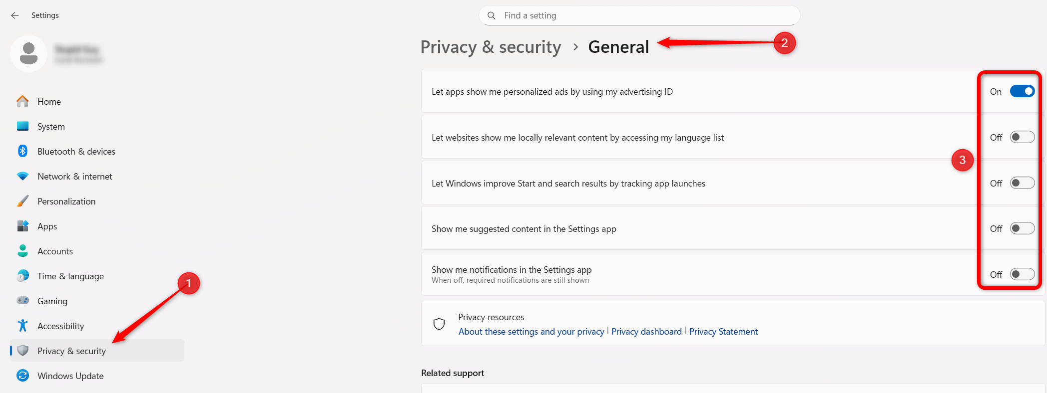 Windows の設定アプリで一般的なプライバシー設定を変更します。