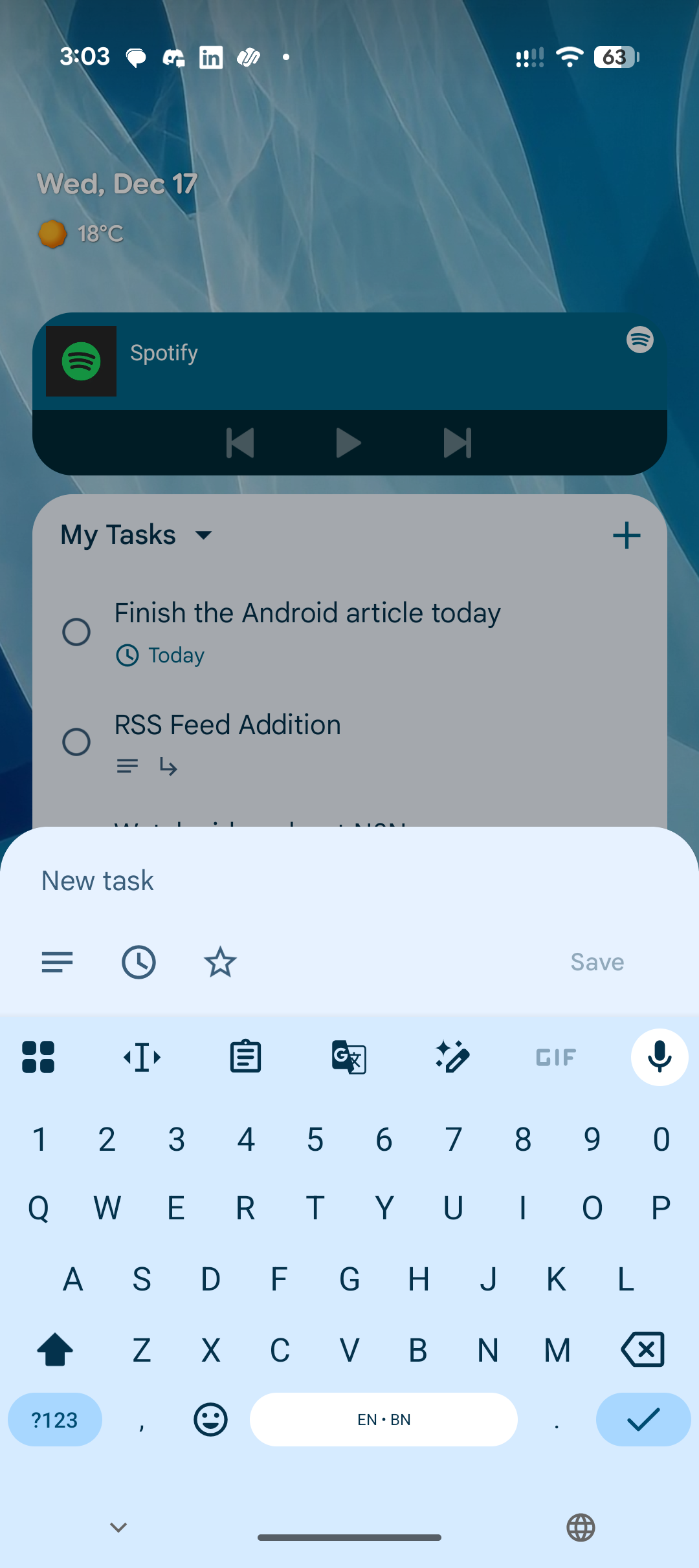 Android ホーム画面のタスク ウィジェットに新しい To-Do をすばやく追加します。