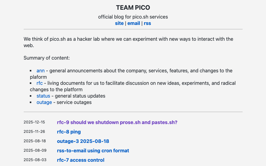 公式 pico.sh ブログには、簡単な紹介とそれに続くリンクされた投稿のリストがあります。