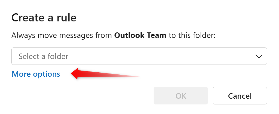Outlook でルールを微調整するための詳細オプションを開きます。