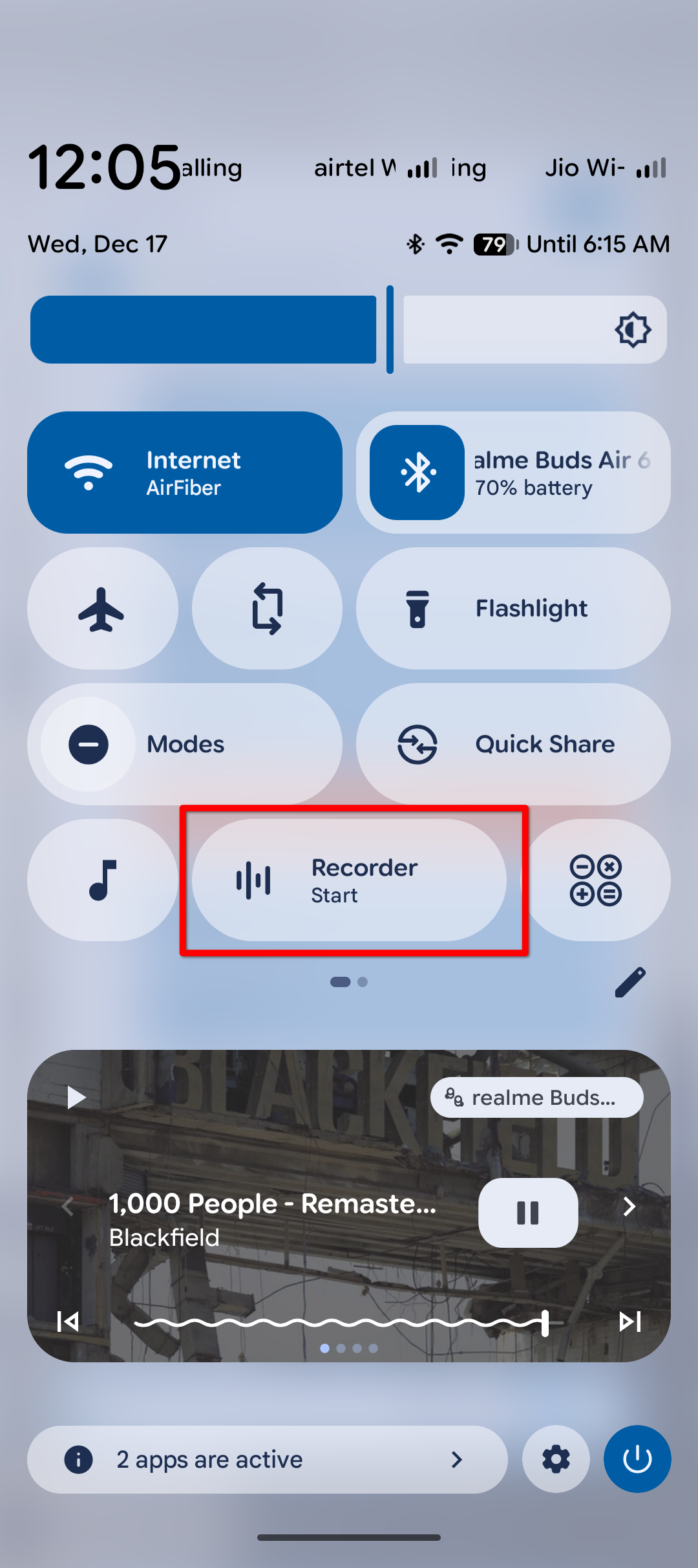 Android クイック設定エリアの録音ボタン。