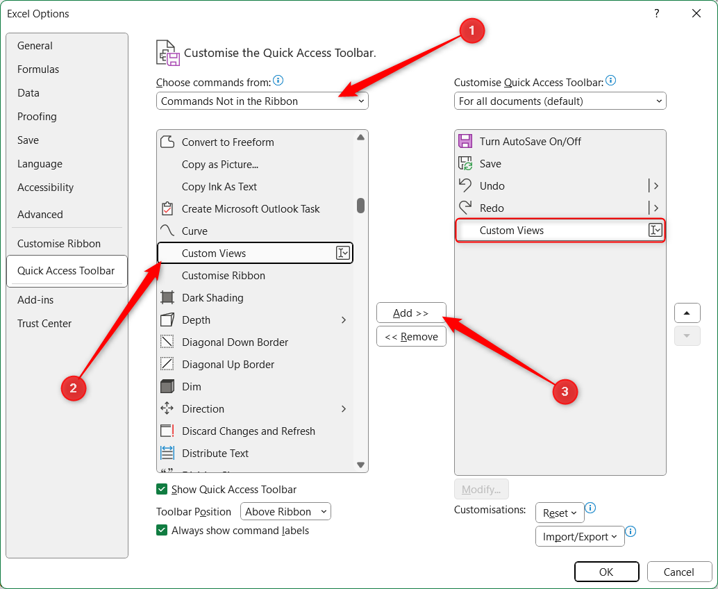[カスタム ビュー]は、[Excel オプション]ダイアログの左側の[QAT]メニューで選択され、右側のメニューに追加されます。