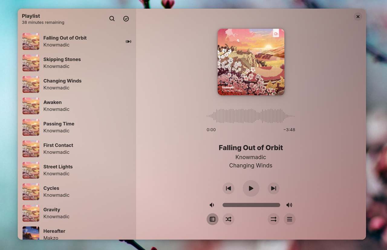 Linux 用 Amberol ローカル音楽アプリで再生されている音楽。
