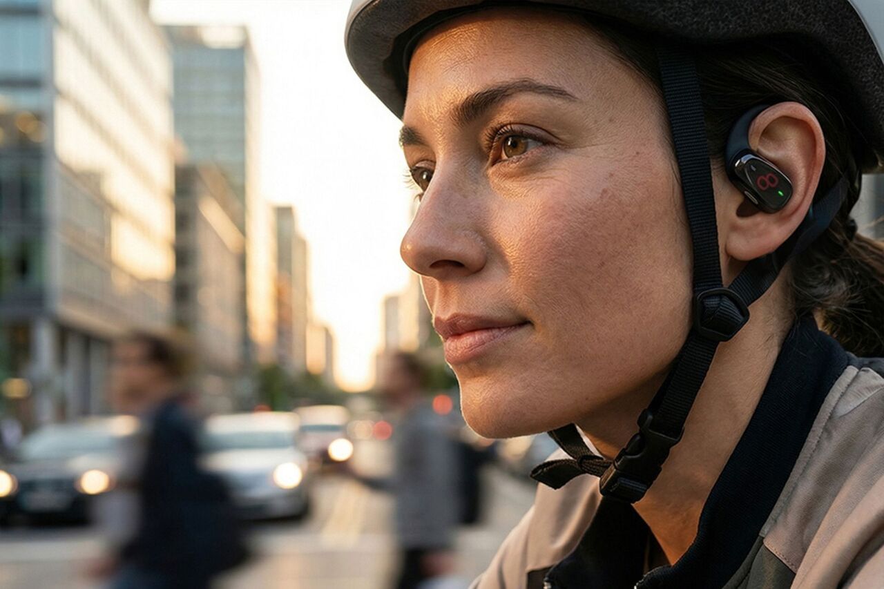 도시 환경에서 자전거 헬멧과 이어폰을 착용한 여성.