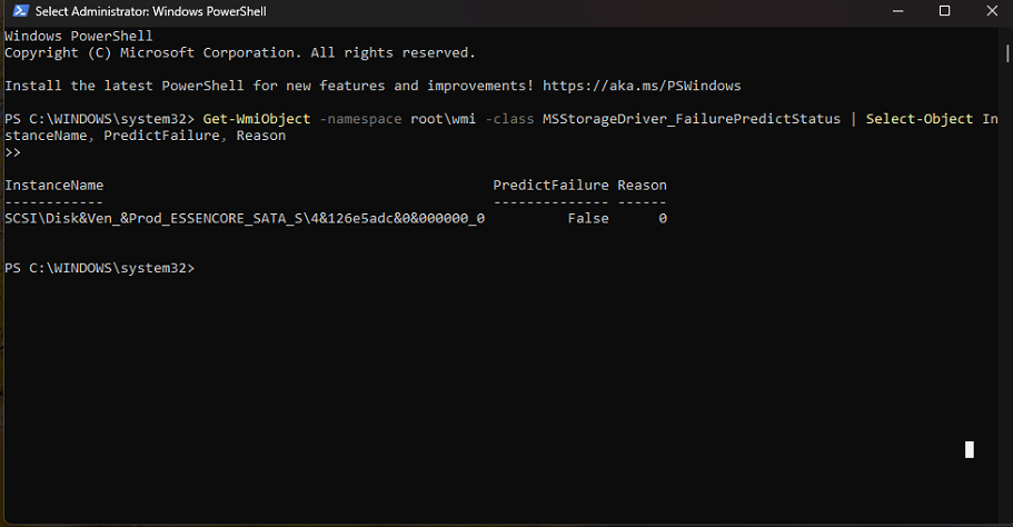 Windows PowerShell での SMART ドライブ障害予測。