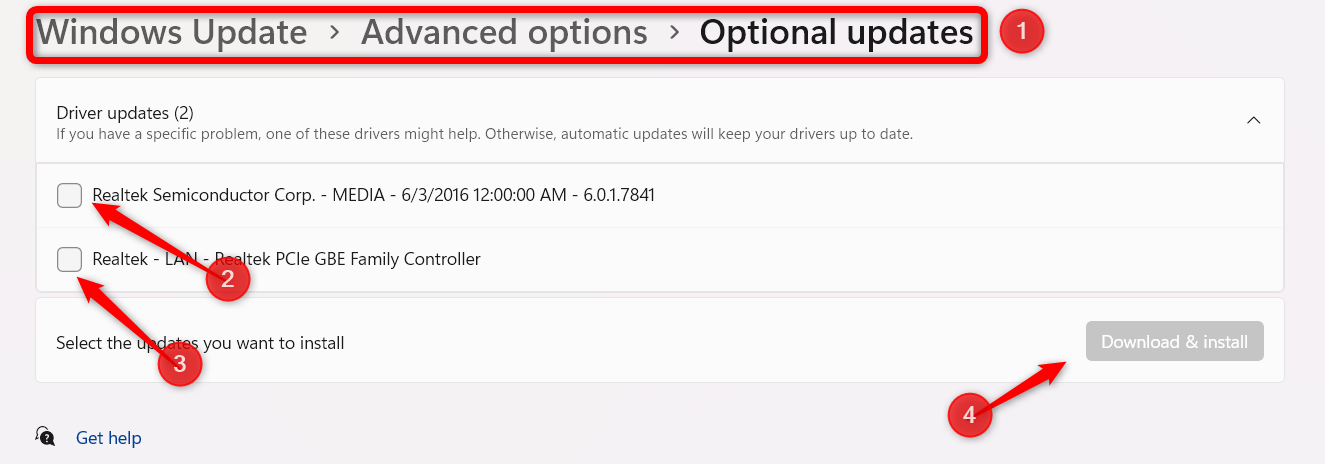 Windows の設定アプリにオプションの更新プログラムをインストールします。