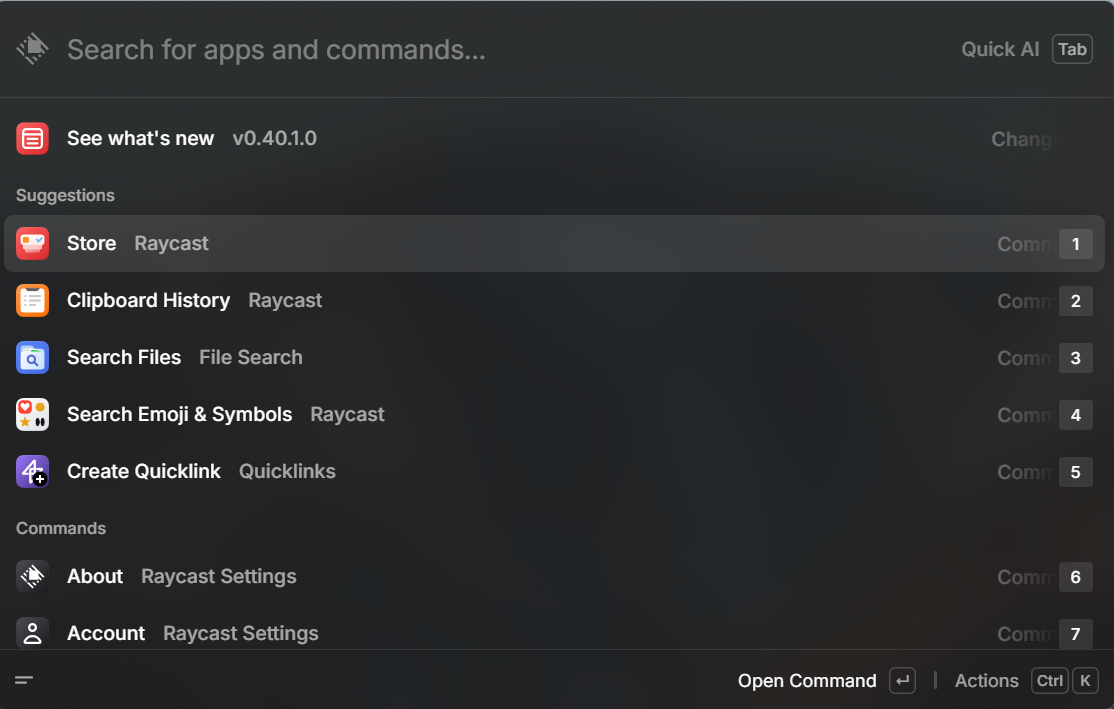 デフォルトの提案を表示する Raycast コマンド パレットのスクリーンショット。