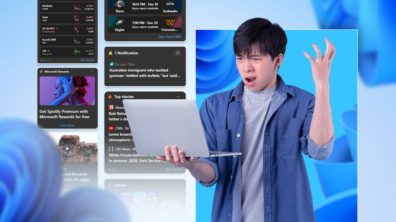 青色の背景に浮かぶ Windows 11 ウィジェット、ニュースの見出し、広告に囲まれ、ラップトップを持ってイライラしている男性。