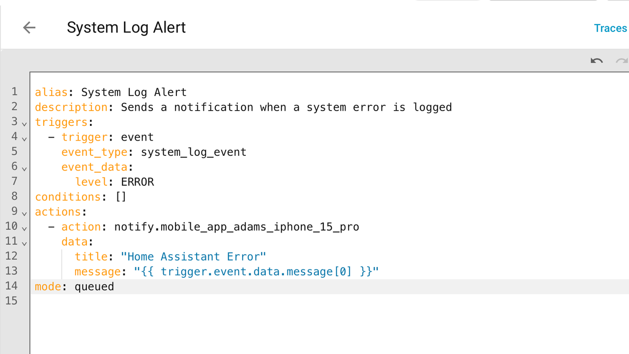 ホーム アシスタント システム ログに警告メッセージが表示されたときに通知を送信する自動化。