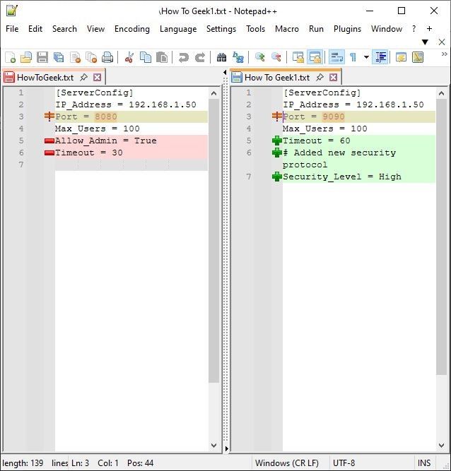 Notepad++ を使用して 2 つのドキュメントを比較するユーザー