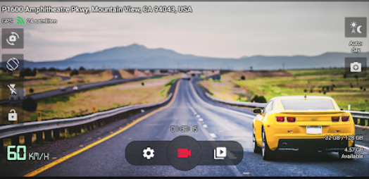 droid-dashcam-1Android 用 Droid 車載カメラ アプリのスクリーンショット。視界には黄色のシボレーカマロがあり、彼は前方にいます