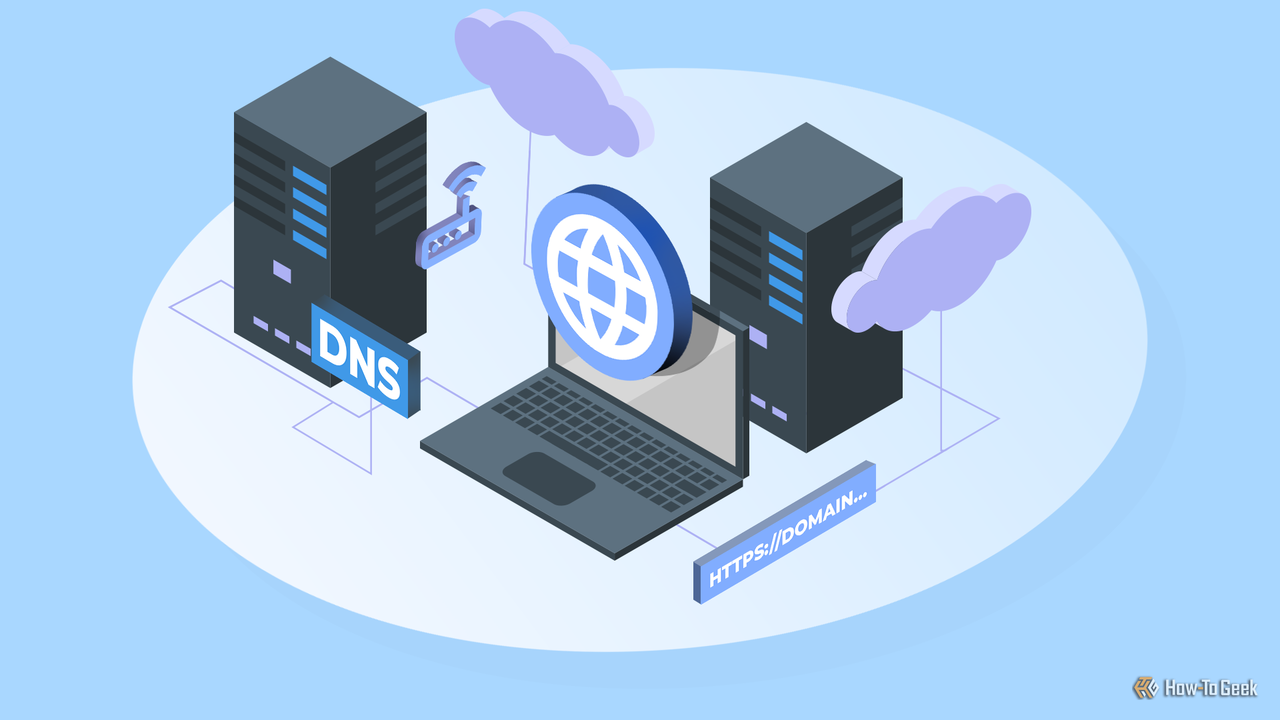 黒いサーバータワー、ルーター、青い地球、「DNS」のラベル、およびドメインアドレスに接続されたラップトップを備えたセルフホスティング設定の等角図。
