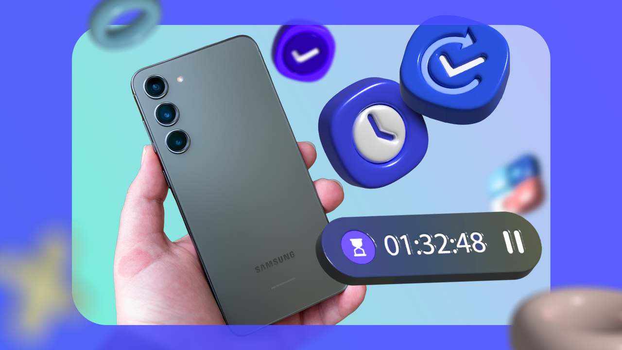 灰色の Samsung スマートフォンを持つ手。Samsung Clock、モードとルーチン、リマインダー、Good Lock、Now Bar、および Now Bar のアイコンに囲まれています。