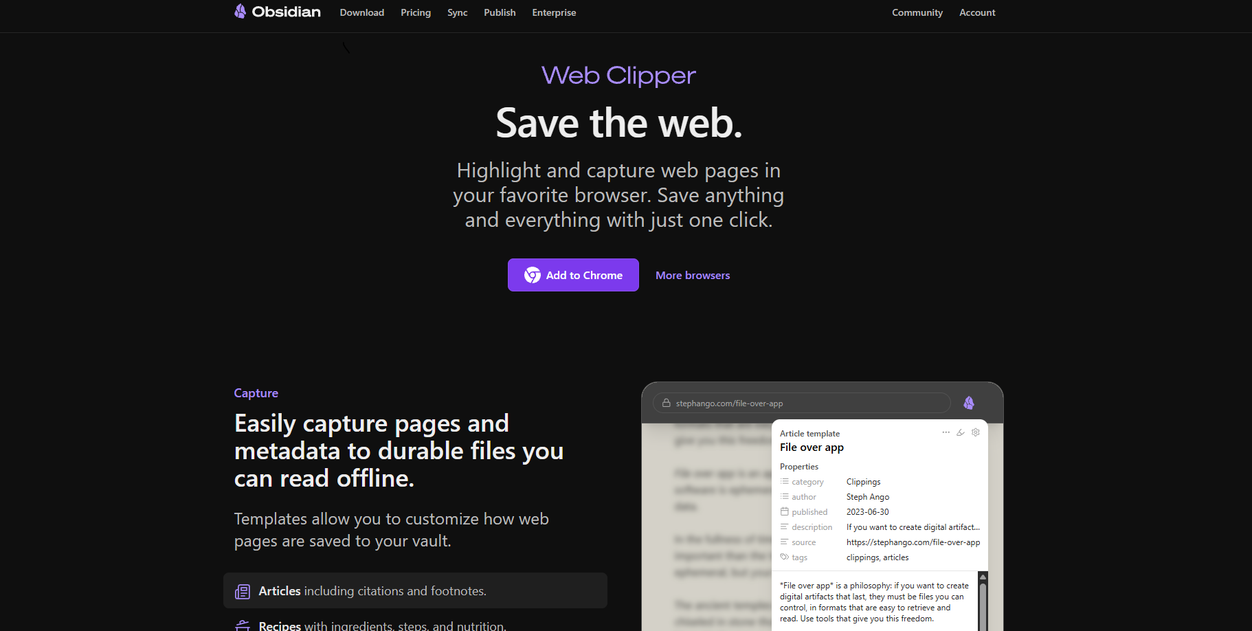 Obsidian 公式 Web ページに Web クリッパーが表示されています