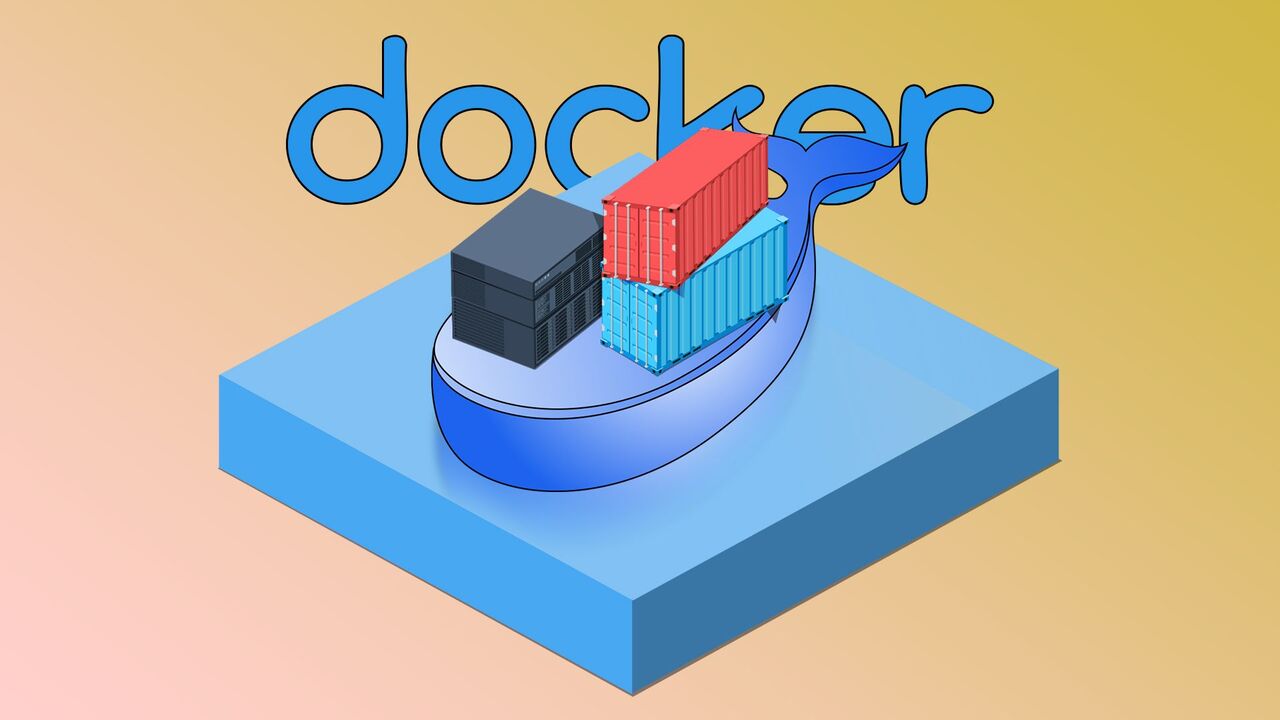 コンテナと NAS サーバーを運ぶ様式化されたクジラを特徴とする Docker ロゴのイラスト。