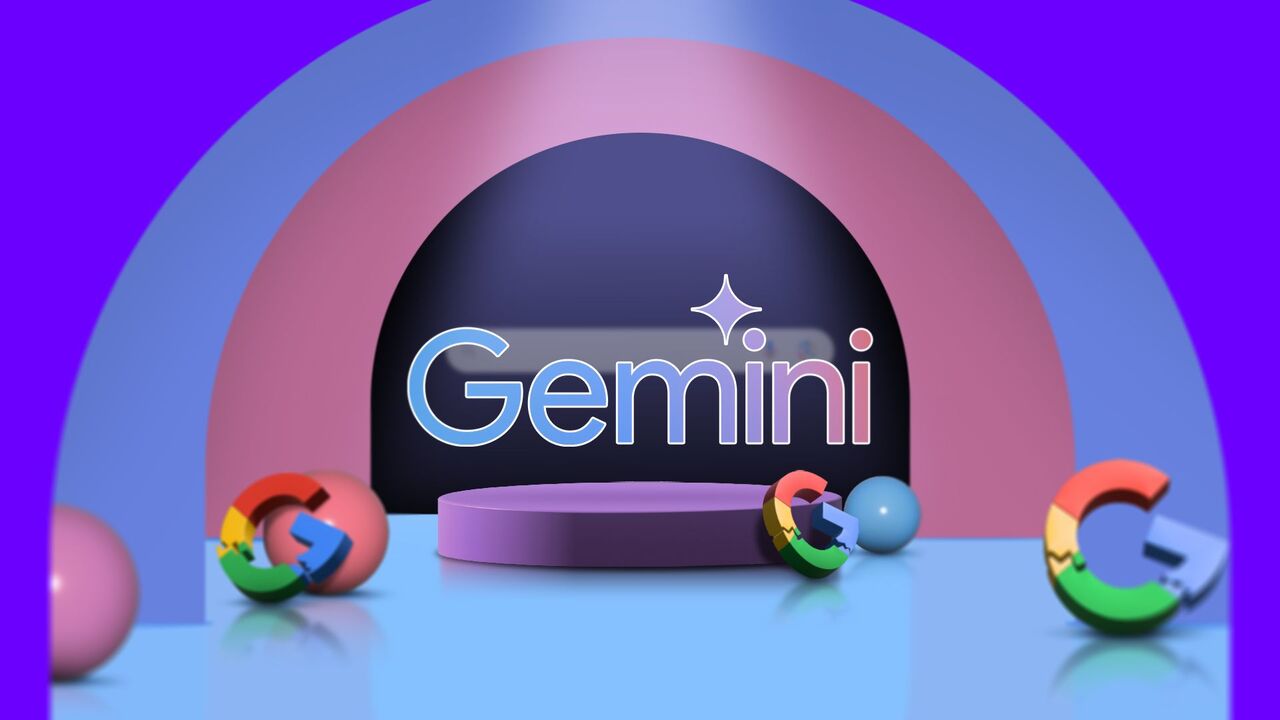 Gemini のロゴといくつかの壊れた Google ロゴが描かれた表彰台。