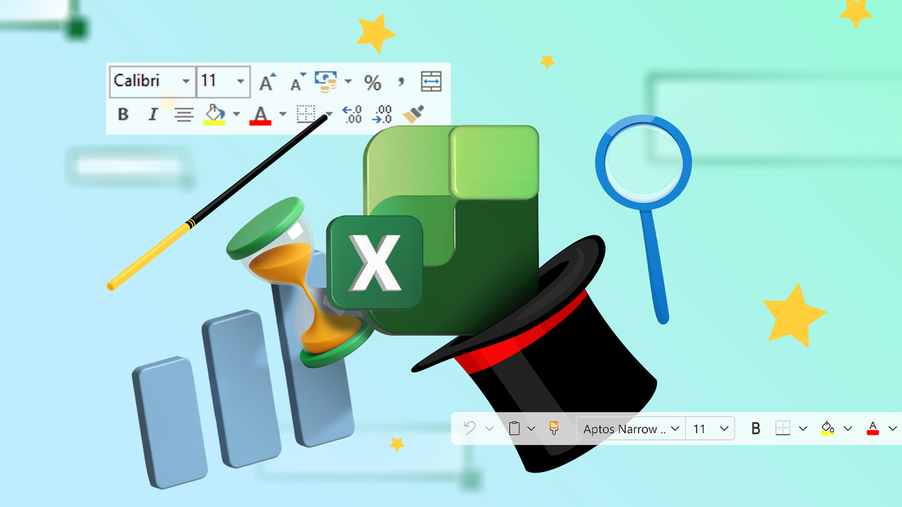 魔術師の帽子をかぶった Excel のロゴ。魔法の杖、砂時計、虫眼鏡、ツールバーに囲まれています。