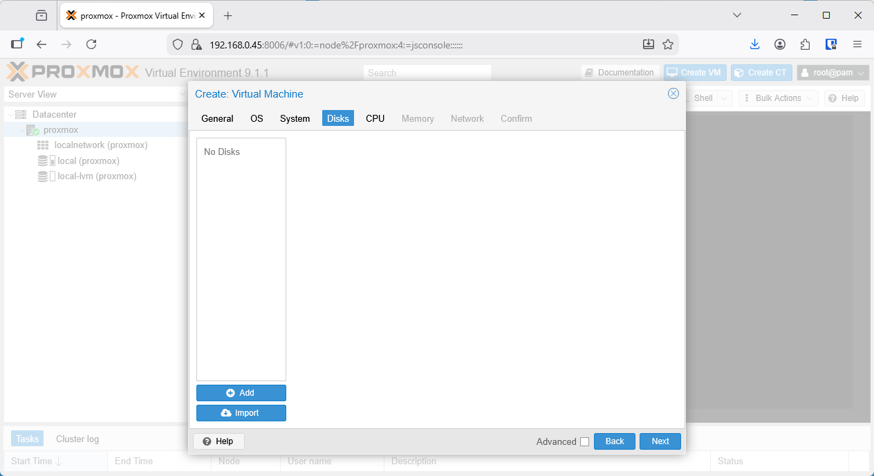 「ディスク」タブにディスクがありません。
