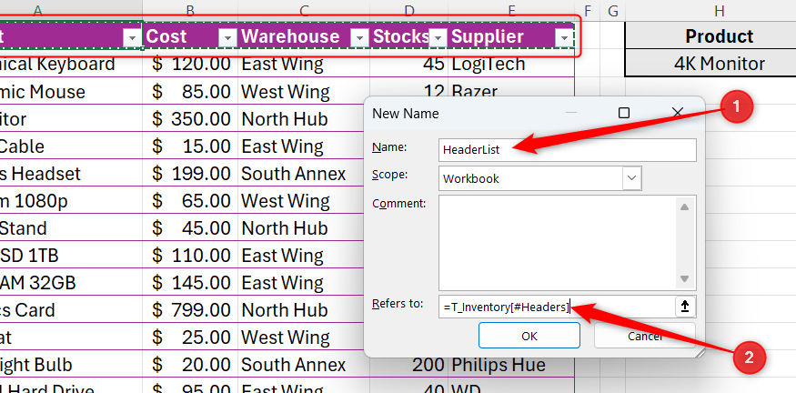 Excel の[新しい名前]ダイアログ。[名前]フィールドに HeaderList が入力され、[参照先]フィールドにテーブル ヘッダーが選択されています。
