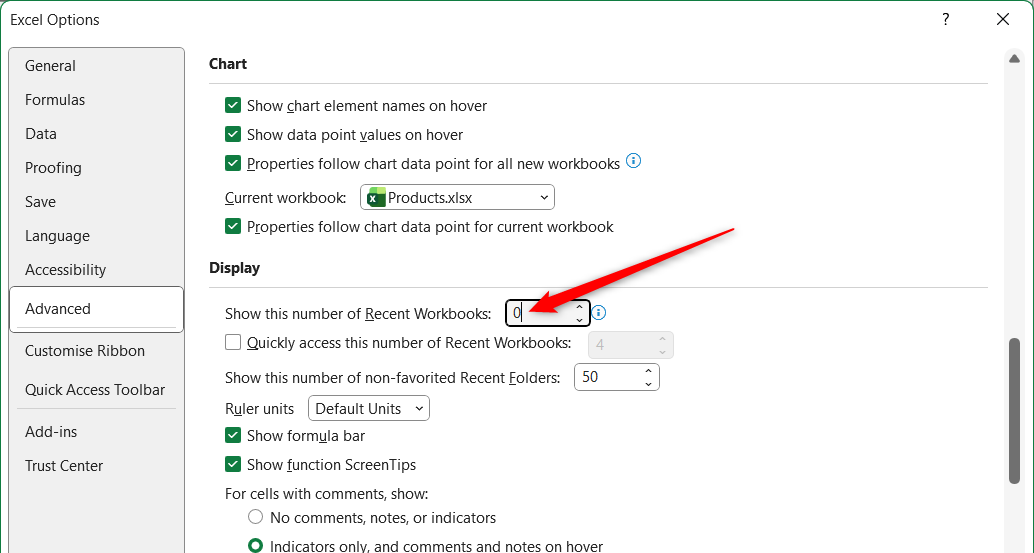 [Excel オプション]ダイアログ ボックスで、表示する最近のワークブックの数が 0 に変更されます。