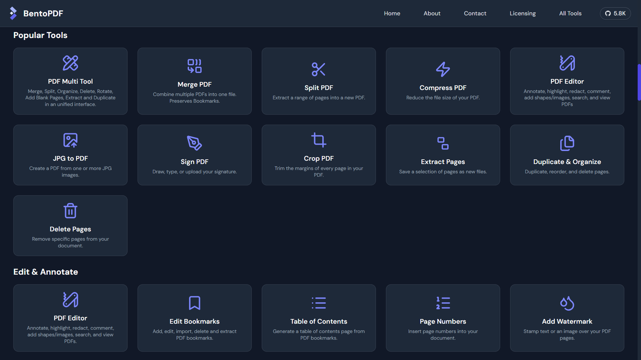 BentoPDF の多くのツールを整理した表にまとめました。