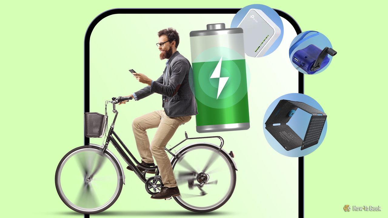 携帯電話を見ながら自転車に乗っている男性。背中に大きなバッテリーのアイコンを背負っており、周囲のアイコンにはルーター、手回し充電器、ポータブル ソーラー発電機などの珍しい充電方法が示されています。