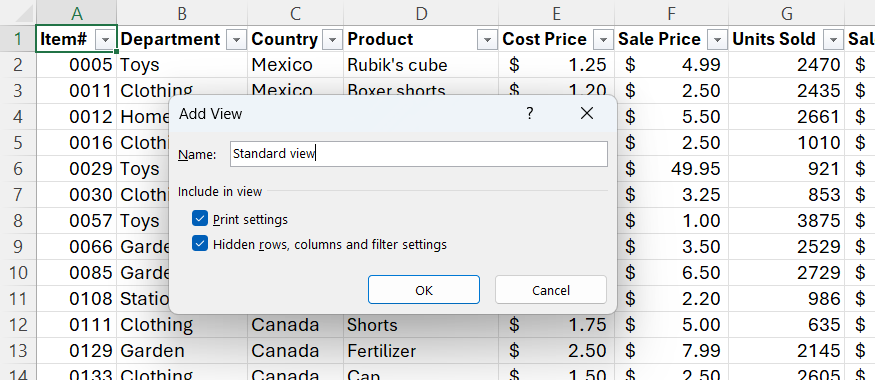 標準ビューは、Excel の[ビューの追加]ダイアログ ボックスの[名前]フィールドに入力されます。